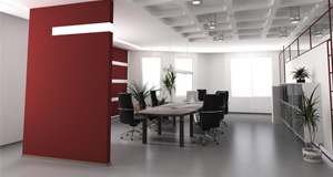 modern office iwith red panels and clean, white walls