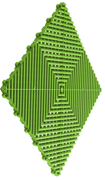 A green plastic tile with a geometric pattern on a white background.
