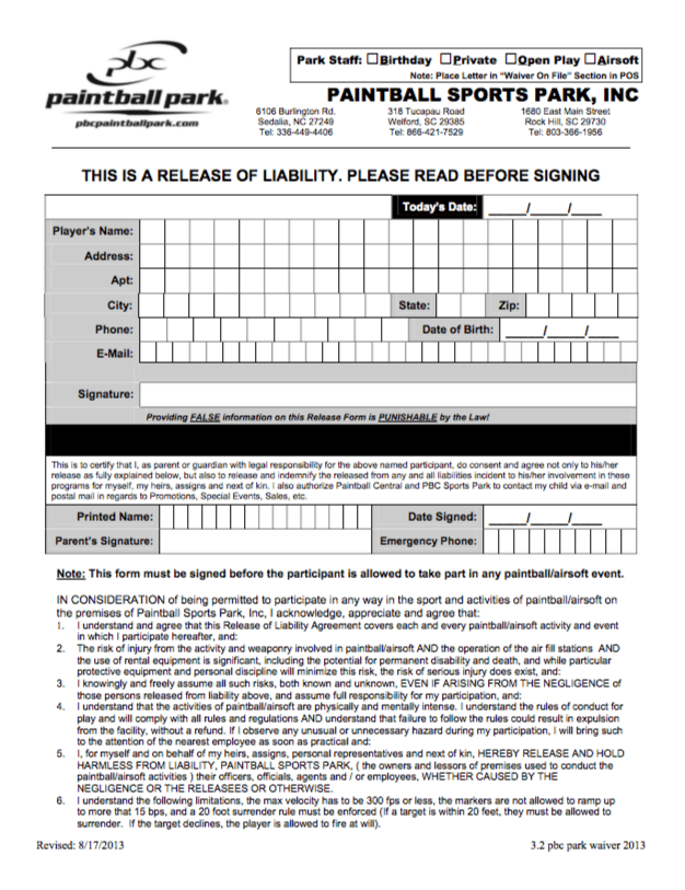 Waivers Release of Liability Paintball Central
