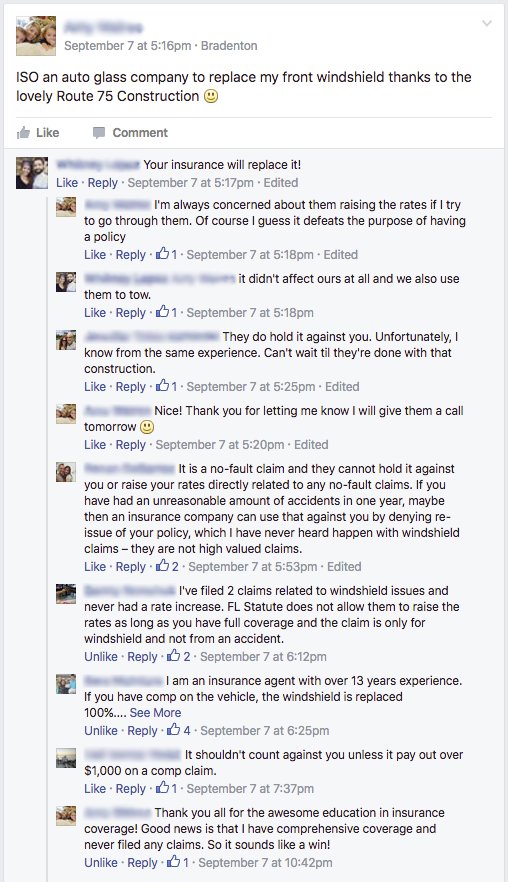 Facebook Post “ISO an auto glass company to replace my front windshield”