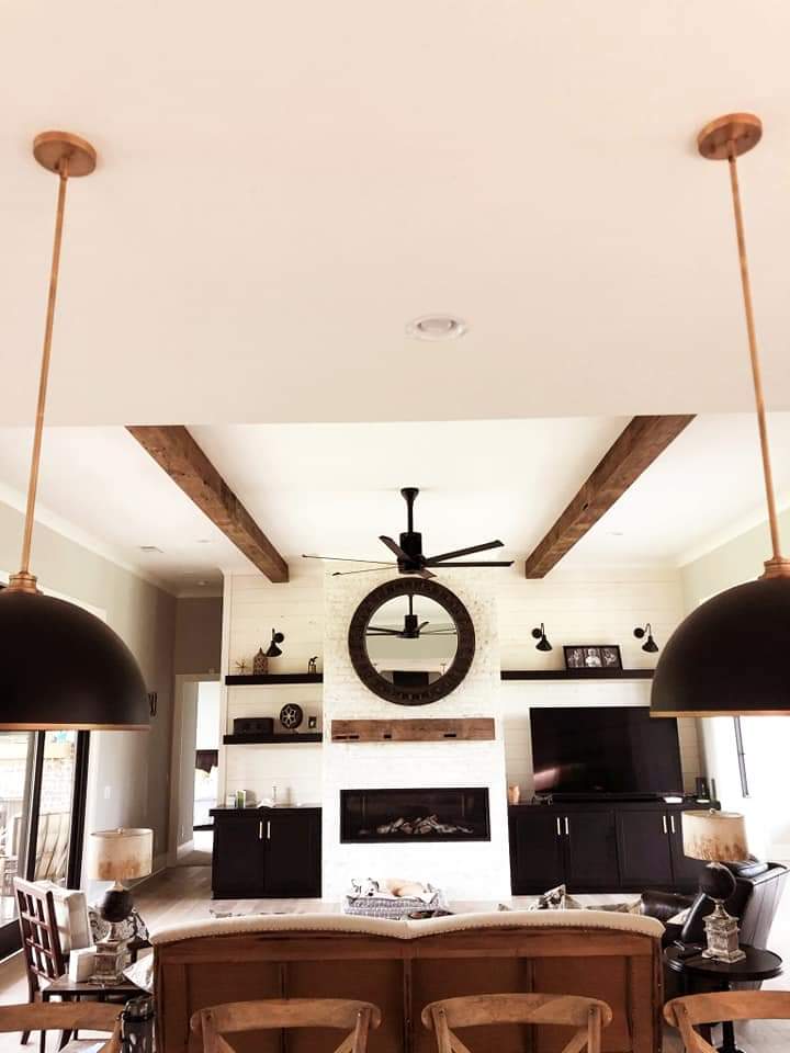 reclaimed wood fireplace mantel and beams