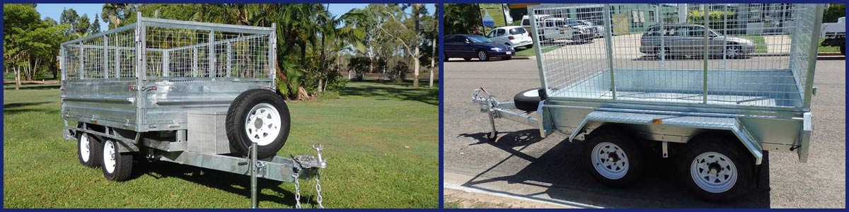 budget trailers four wheeled trailer on lawn and road.
