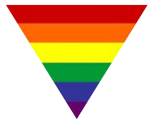 A rainbow coloured upside down triangle on a white background