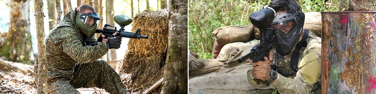 burrungule park paintball player hiding near fuel drum aiming their target