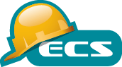 Un casque jaune est posé sur un logo ECS bleu.