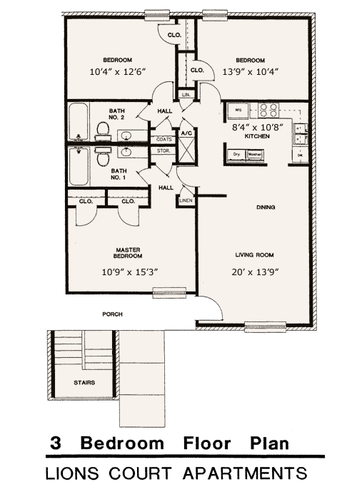 A black and white floor plan of a 3 bedroom at lions court apartments in Wichita Falls, TX