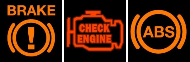 Are any of these appearing on your dashboard? Call us on 01706 645 516 Dashboard warning lights for the brakes, ABS, and check engine in a car.
