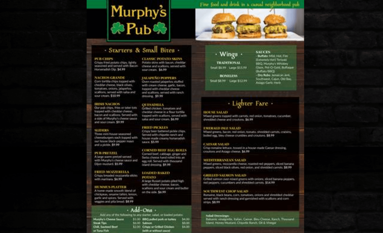 NEW MURPHY'S PUB MENU
