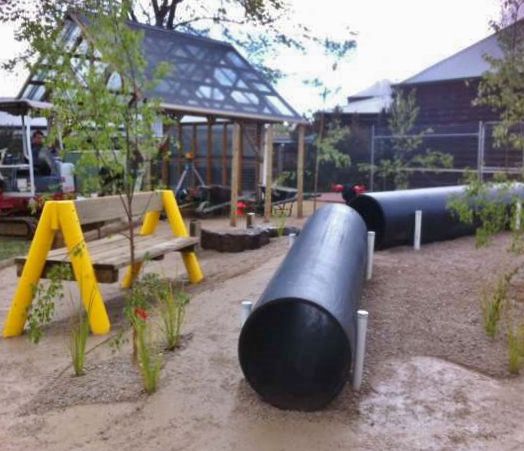 seats and big  pipes put in the garden
