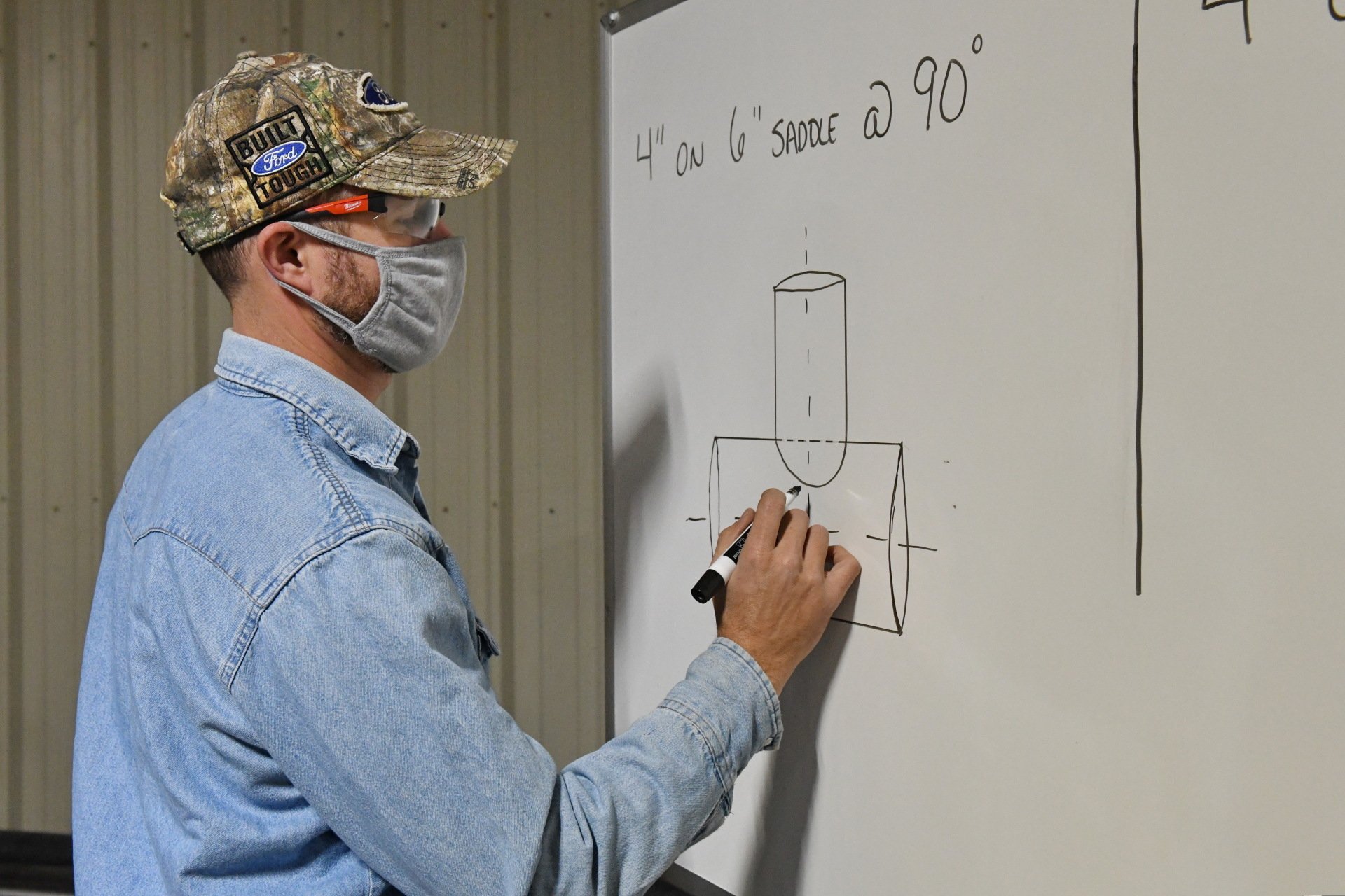 Mentor at Local 538 writing on dry erase board teaching apprentices