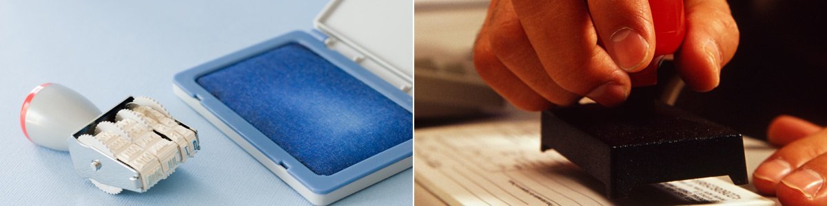 dynamic instant printing and rubber stamp makers man stamping papers