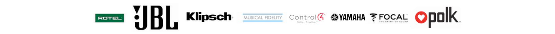 Logo of Rotel, JBL, Klipsch, Musical Fidelity, Control4, Yamaha, Focal, Polk