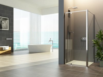 large bathroom with glass shower