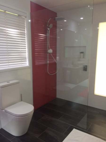 red shower with glass door