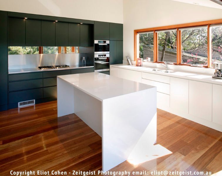 kitchen island with white waterfall counter tops