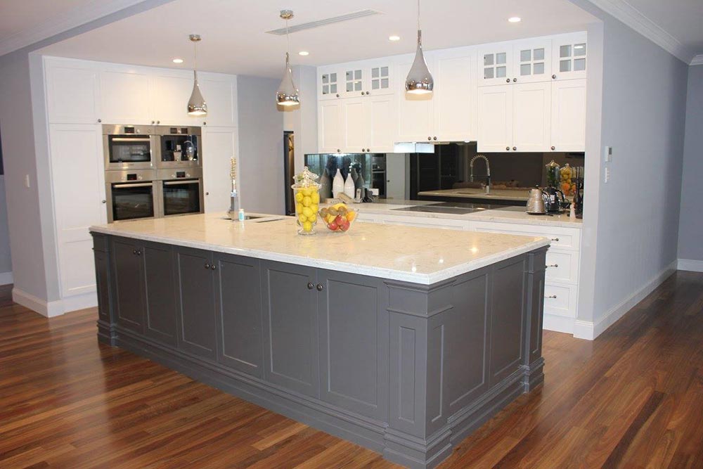 grey kitchen island with white counter
