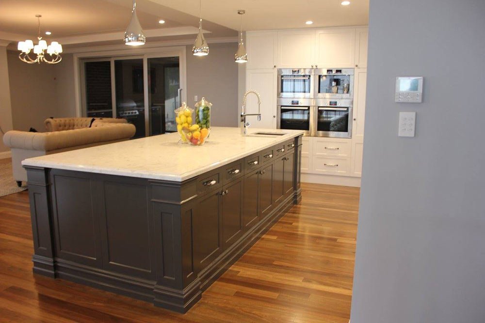 black island with white counter top
