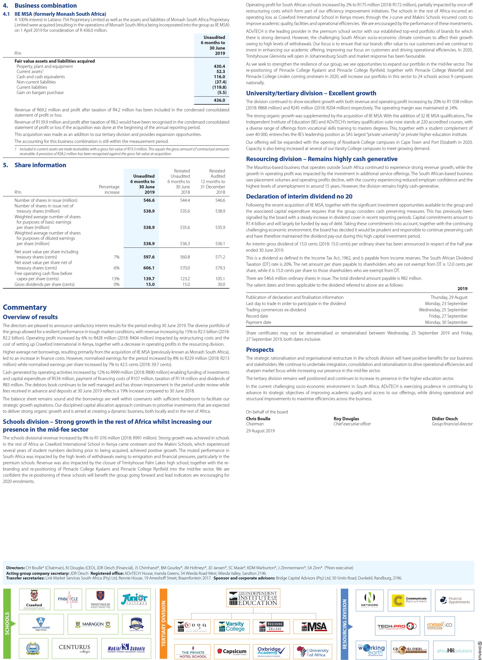 SENS Announcement 29 August 2019