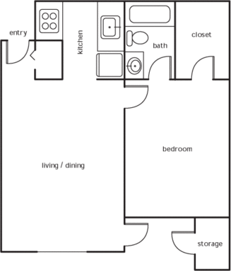 A black and white floor plan of a single bedroom apartment.
