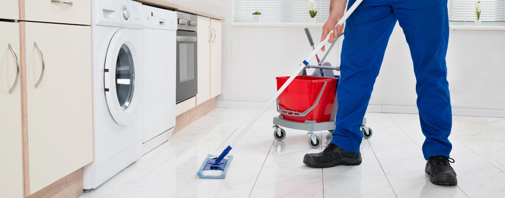 Commercial floor cleaning in progress