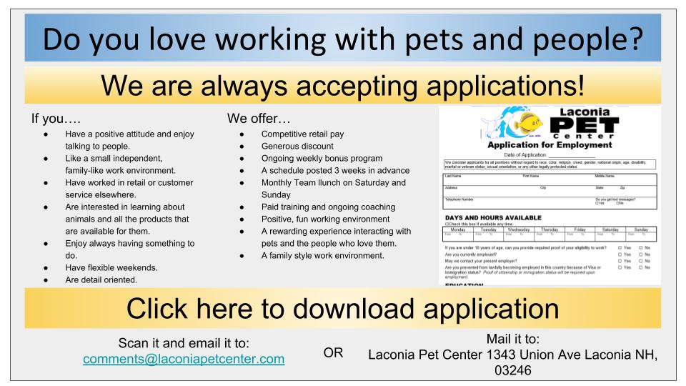 Pet Store Jobs Concord, NH Laconia Pet Center