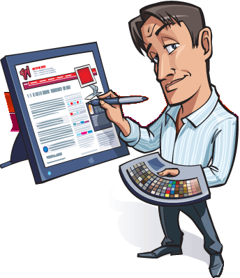 A cartoon of a man drawing on a computer screen.