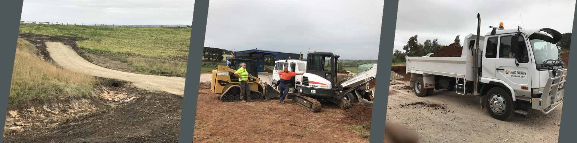 Dirt road, two men standing next to equipment and a white truck with dirt in the back