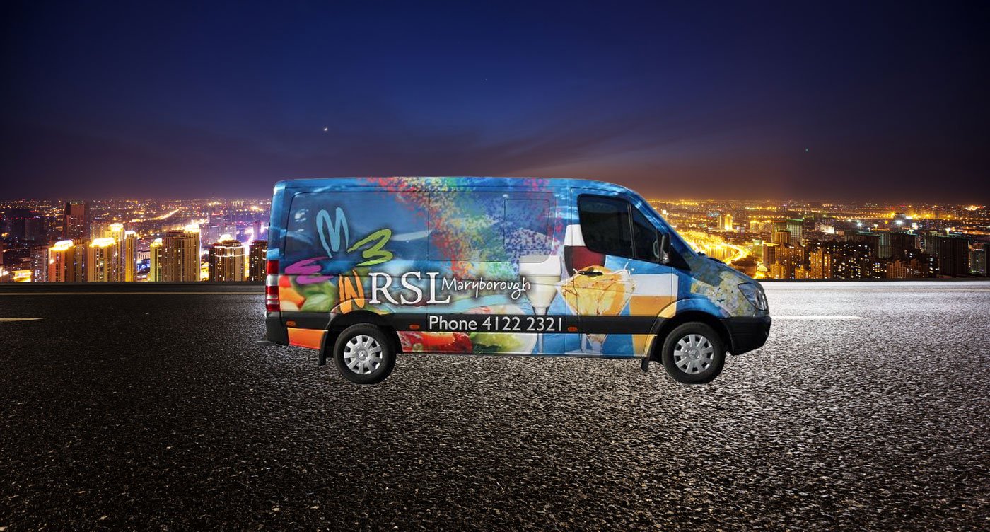 Side view of a Maryborough RSL branded automobile