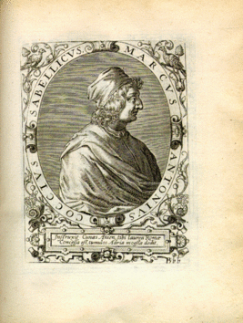 Portrait of Marcus Antonius Coccius Sabellicus, in profile, framed, with Latin inscription.