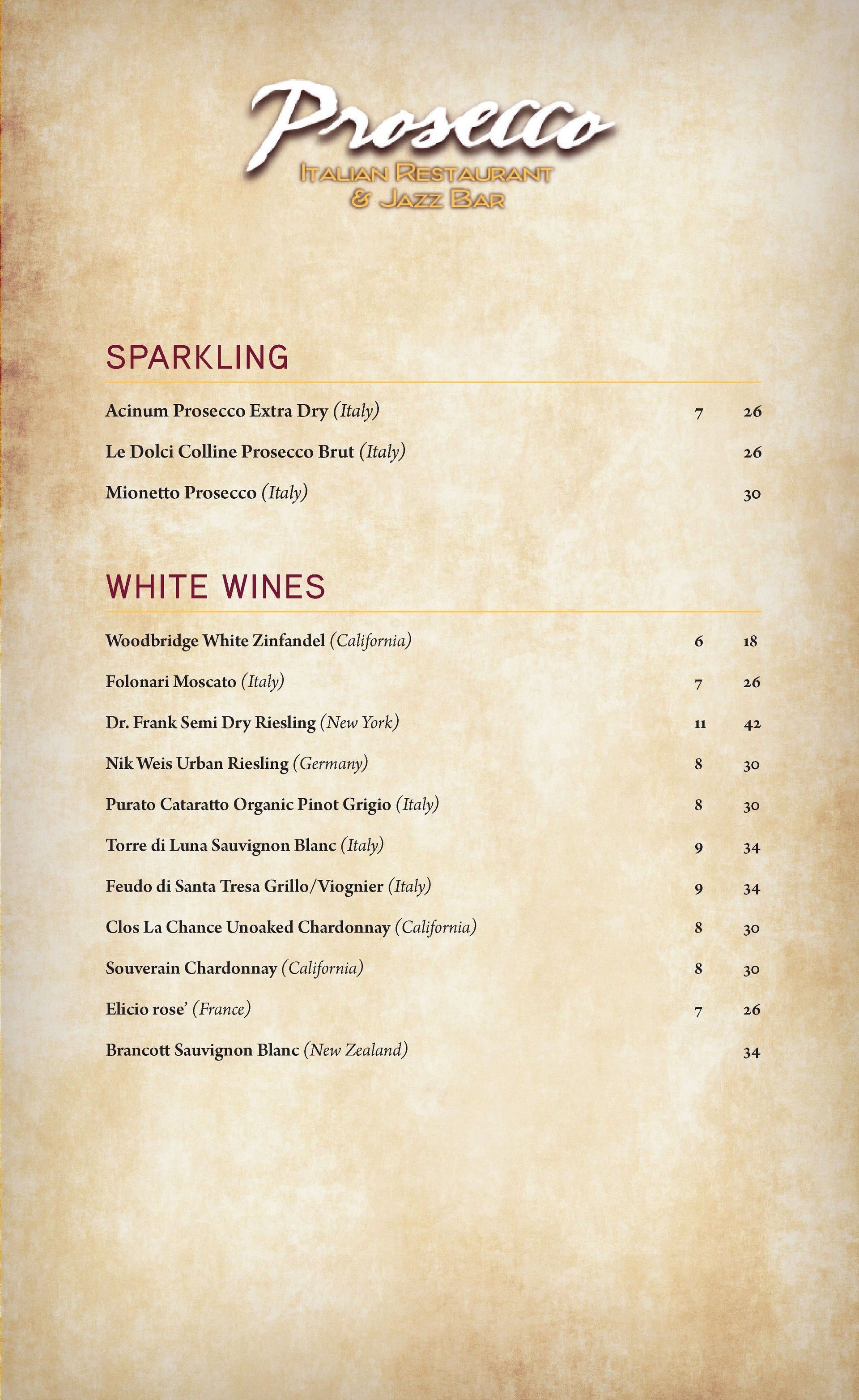 Prosecco Italian Restaurant & Jazz Bar Farmington, NY Menu & Bar