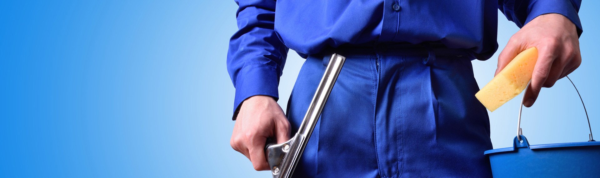 dunlops industrial and commercial cleaning window cleaning employee with work tools and blue background