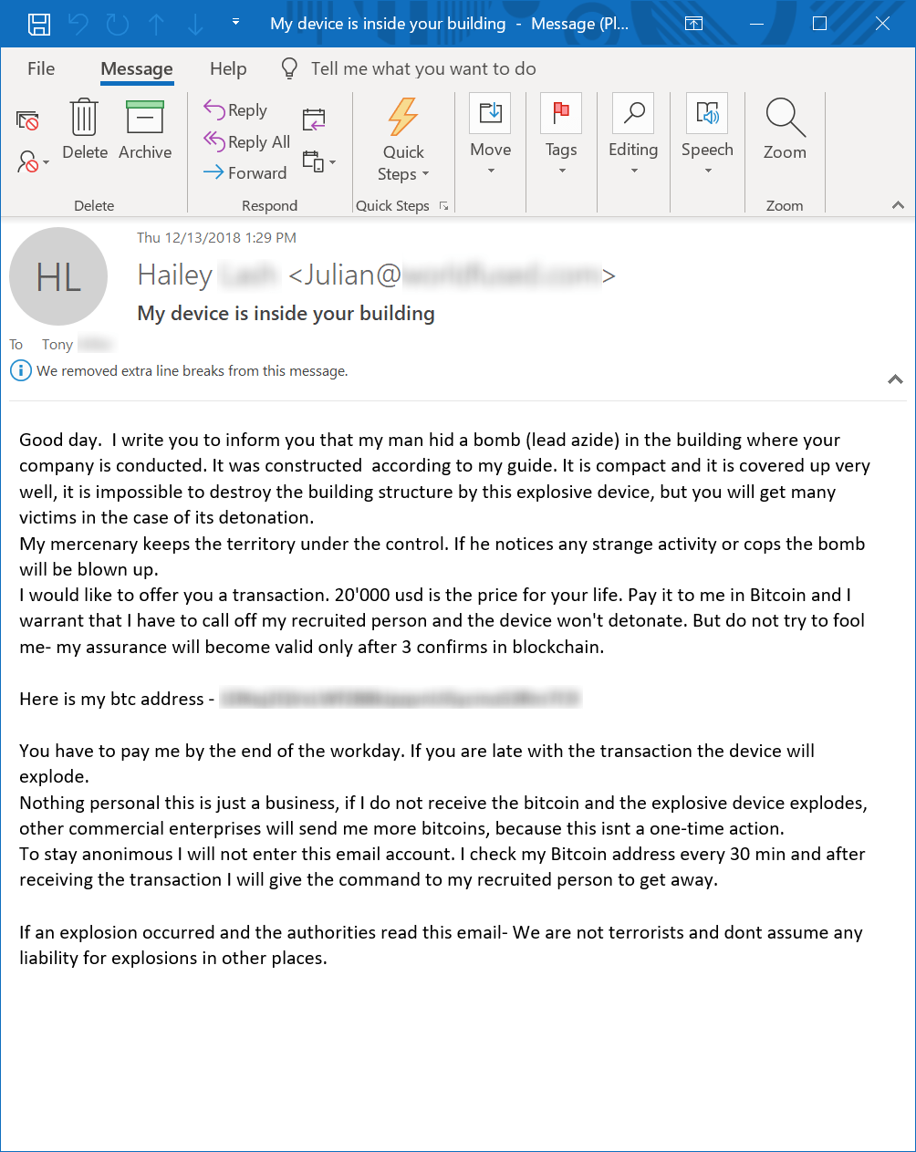 Blackmail Email Bitcoin πληρωμή