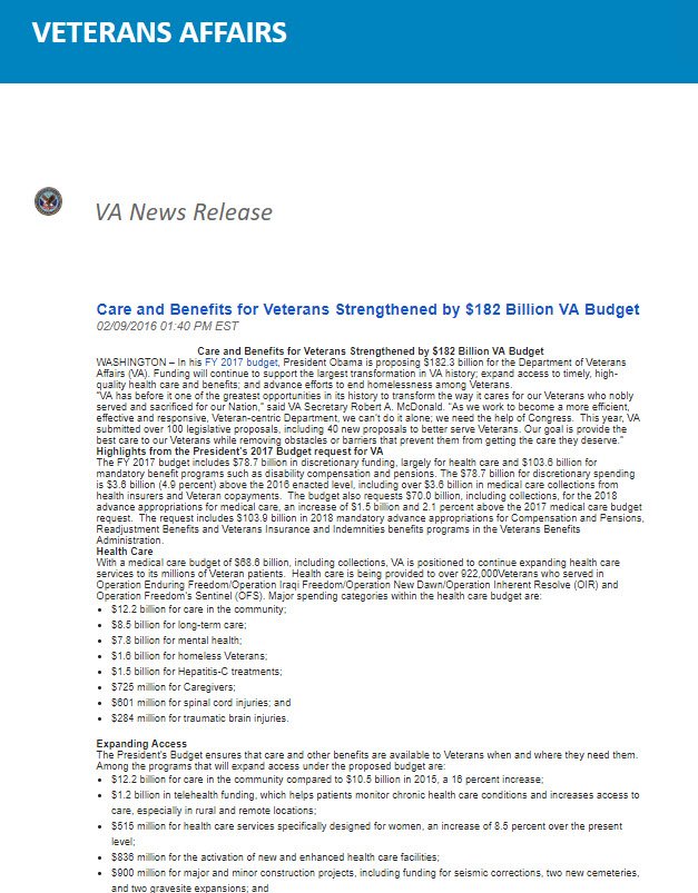 VA News Release Care and Benefits for Veterans Strengthened by 182