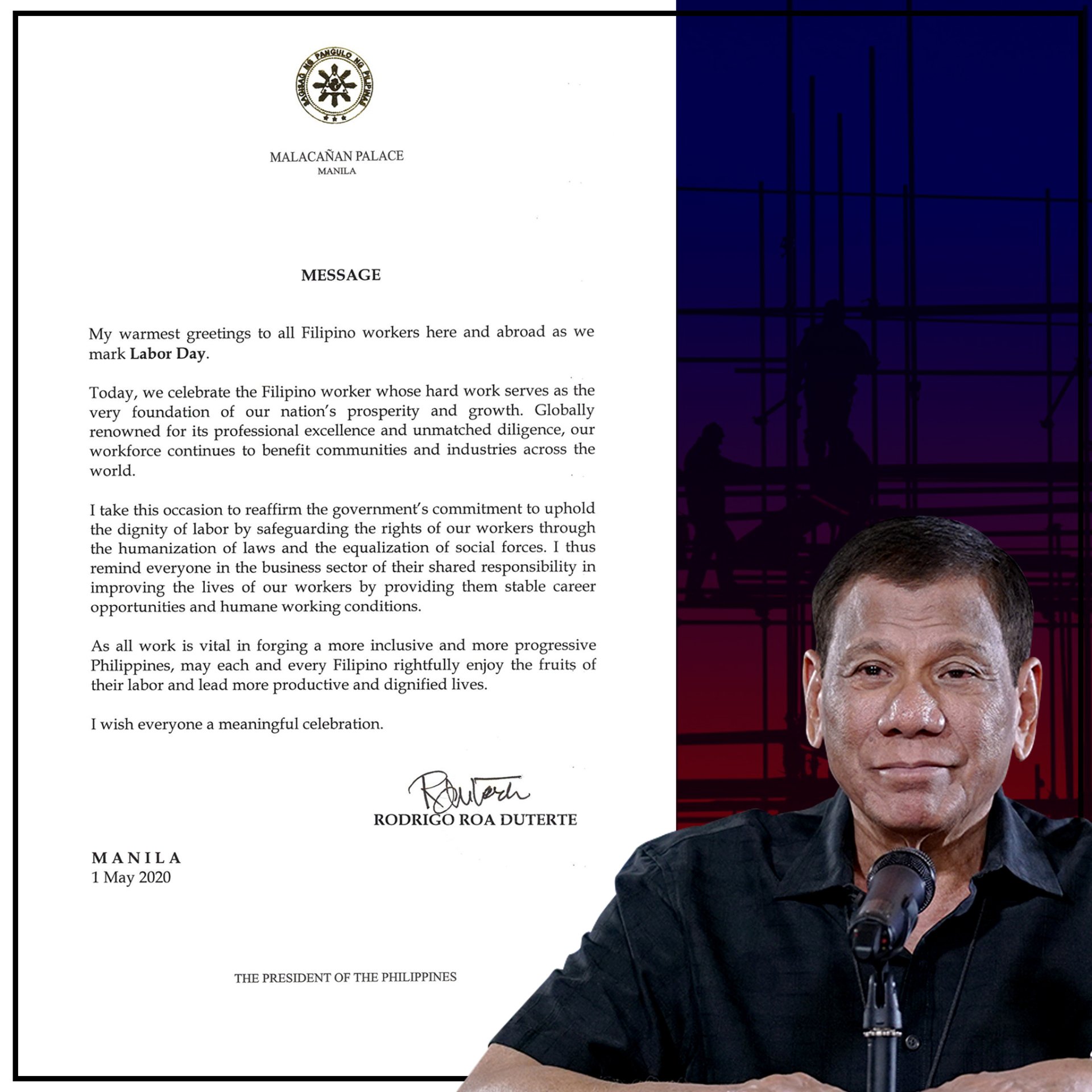 President Rodrigo Duterte’s statement for Labor Day