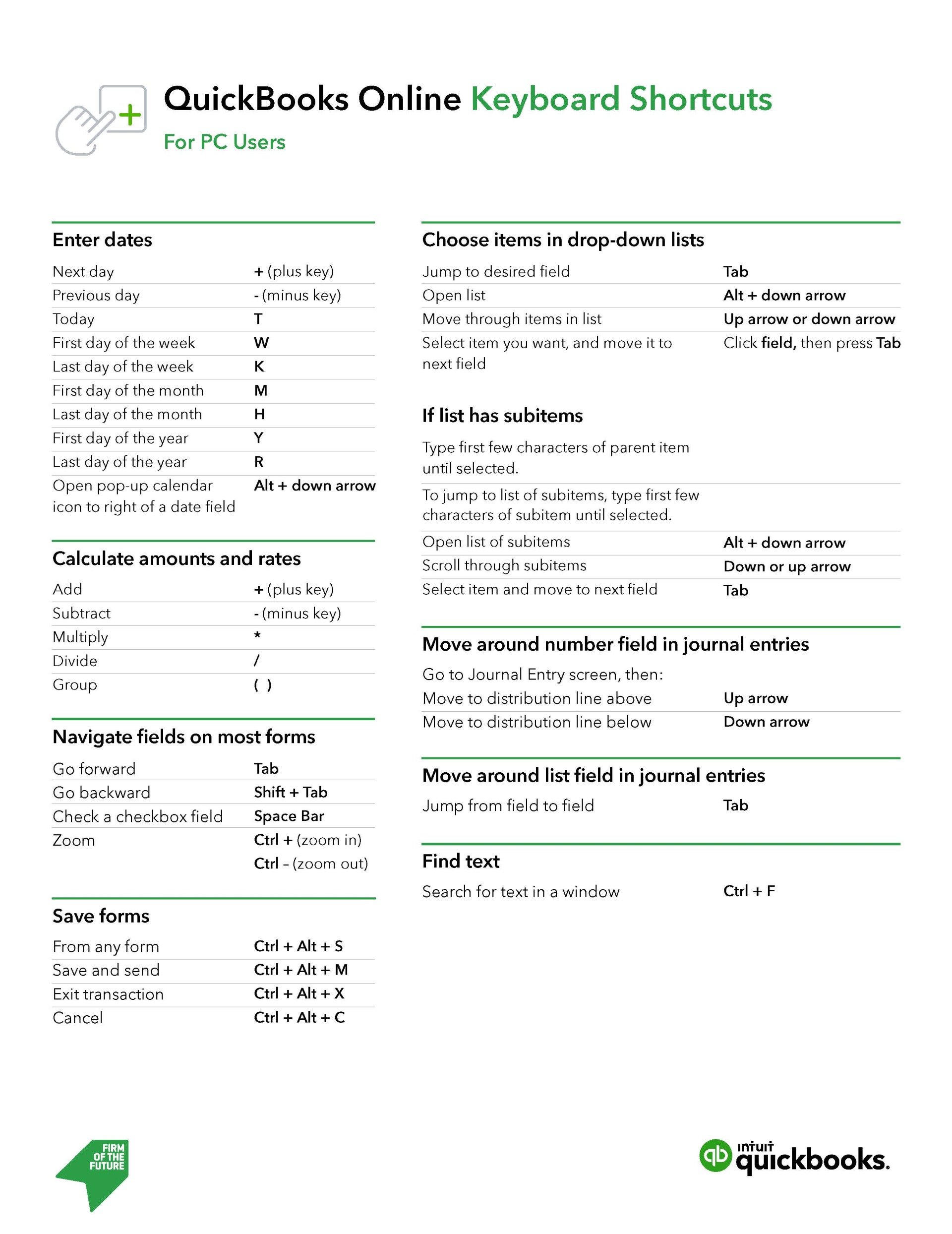 QuickBooks Online keyboard shortcuts