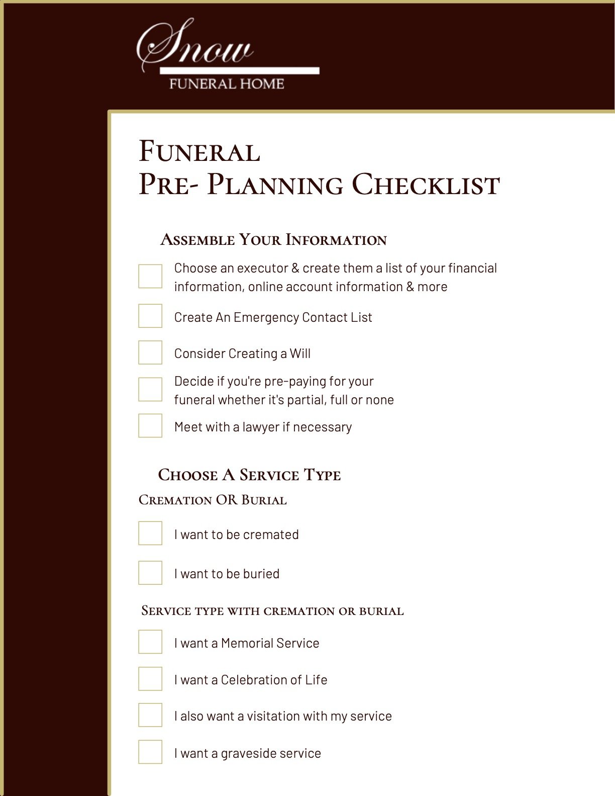 Download Our FREE Funeral Pre Planning Checklist