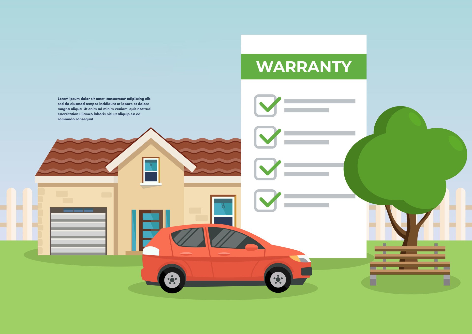 ed car near real estate vector illustration. Property insurance concept. Clipart. Flat style.