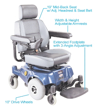 Blue power wheelchair with adjustable features: headrest, armrests, and footplate.