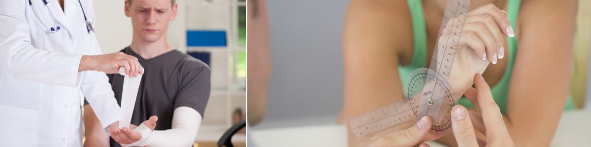 Dr Stephen Megson examining patient's wrist with goniometer