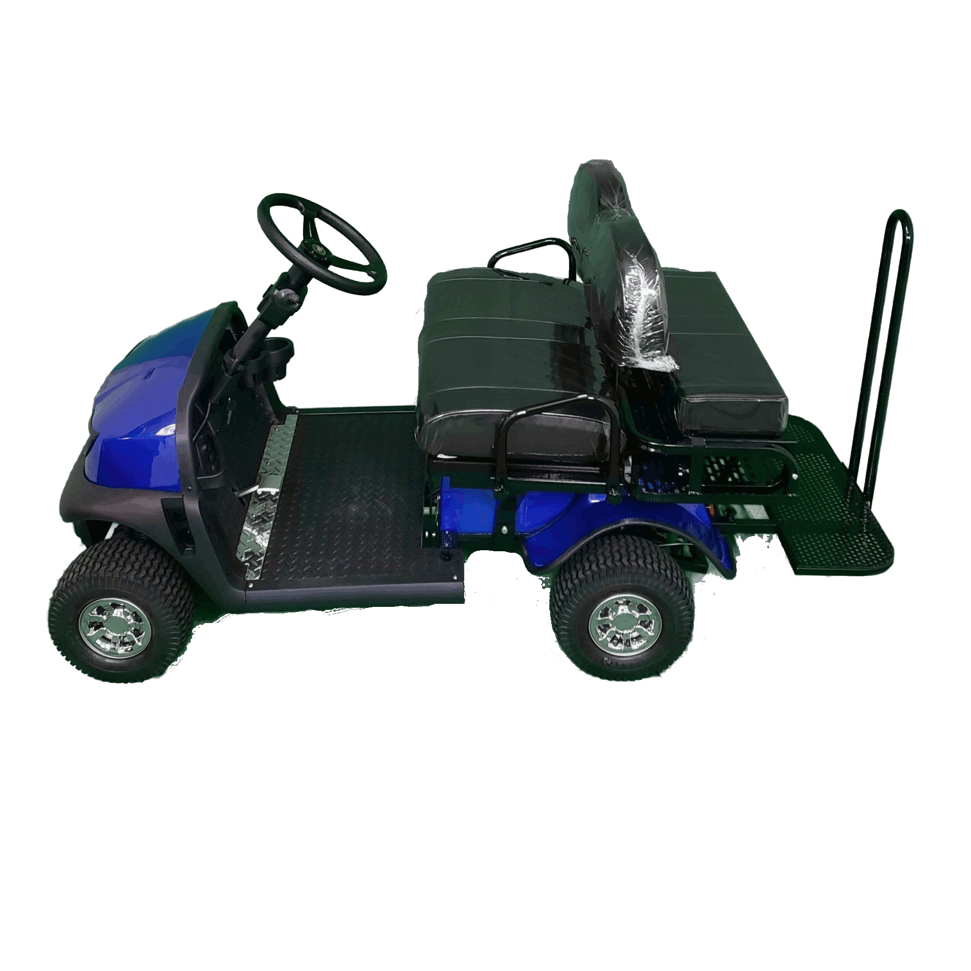 A blue golf cart with black seats and a steering wheel on a white background.