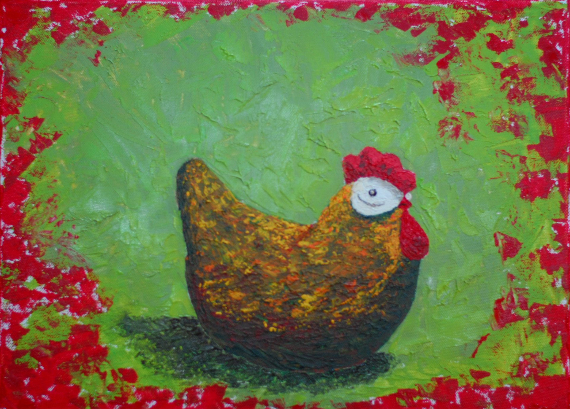 Das Foto zeigt eine Henne, die in den Seminaren von Benita von Wendt gemalt wurde.