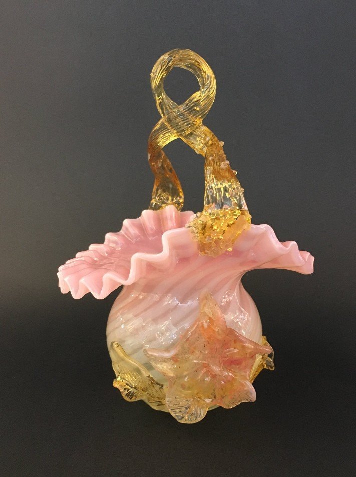 STEVENS & WILLIAMS CRANBERRY/OPALESCENT/VASELINE ART GLASS BASKET