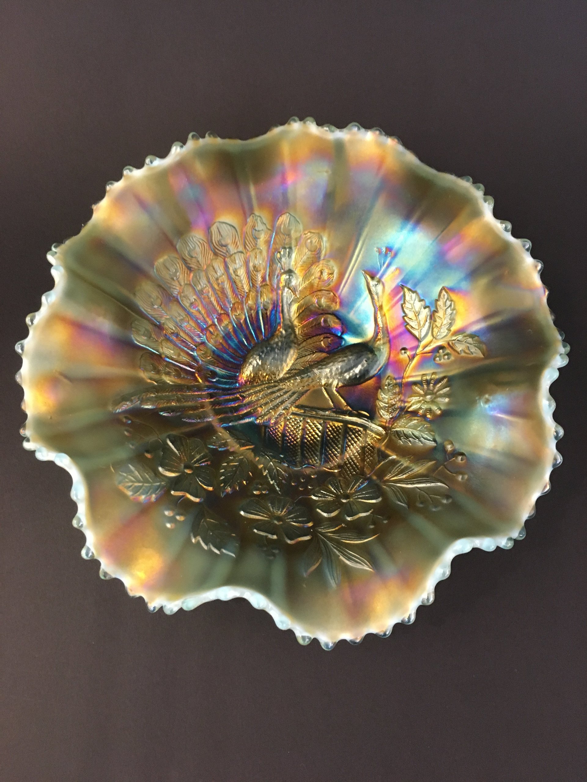 NORTHWOOD PEACOCKS ON THE FENCE CARNIVAL GLASS BOWL