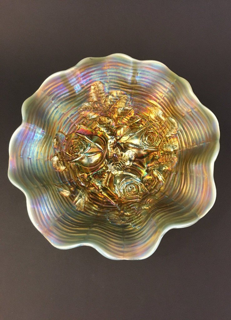 NORTHWOOD AQUA OPALESCENT ROSE SHOW BOWL