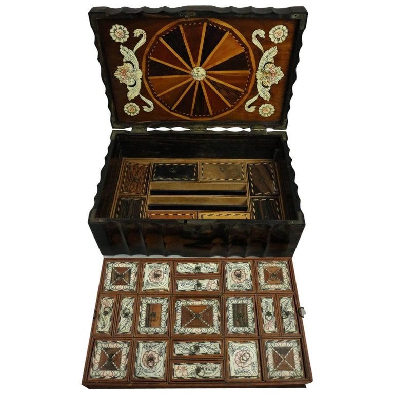 Gallery Anglo Indian 19th Century Bone Inlaid Coromandel Wood Anglo Indian Locking Sewing Box | Antique Revival - Gallery