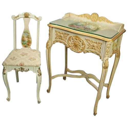 Gallery French 1880's Provincial Vernis Martin Painted Lady's Desk & Chair | Antique Revival Ithaca, Watkins - Gallery