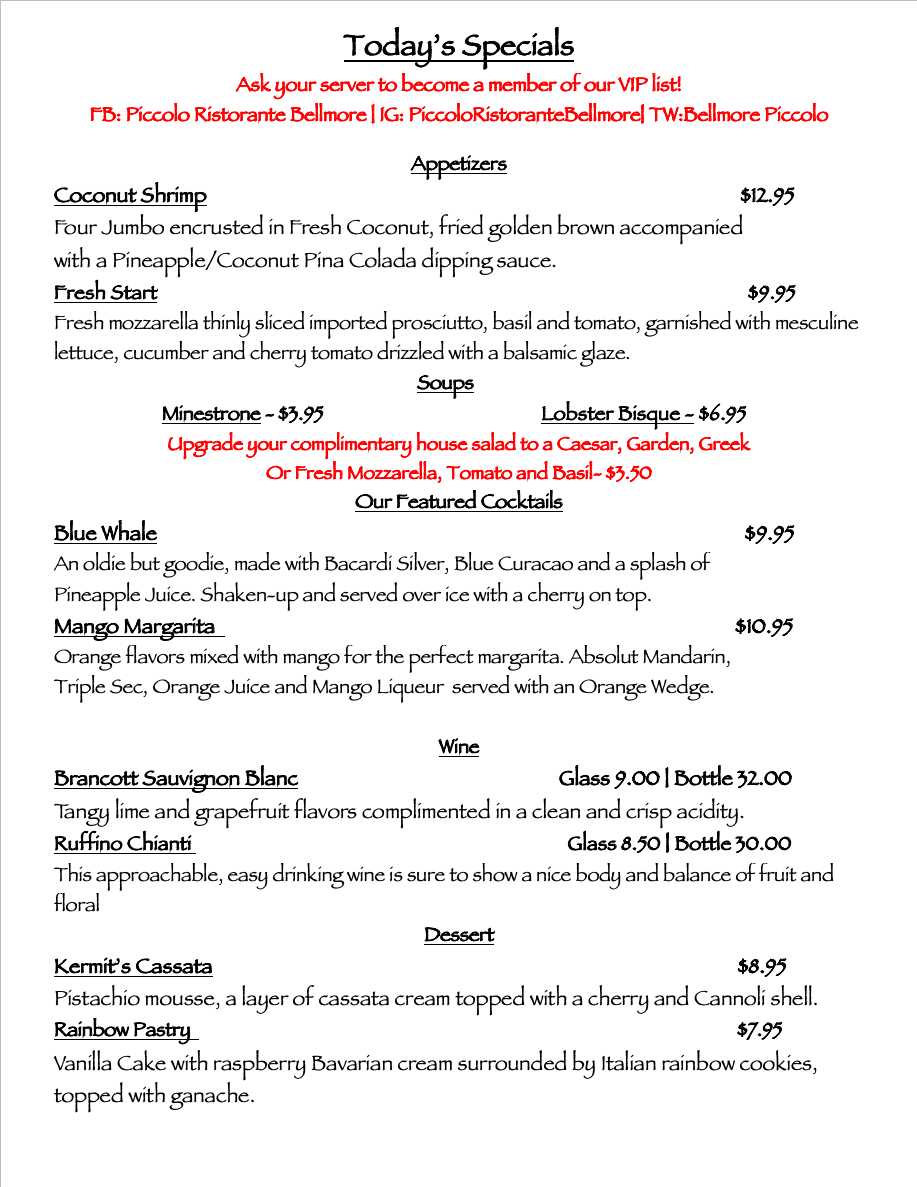 Piccolo's Ristorante Restaurant Bellmore NY Italian Restaurant