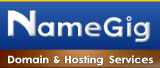 A blue sign that says namegig domain and hosting services
