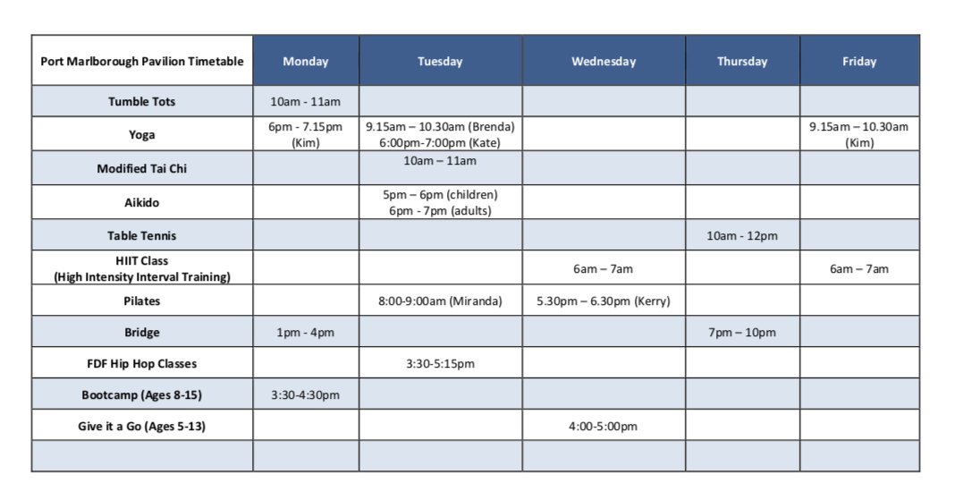 Weekly Timetable for Port Marlborough Pavilion in Picton, Marlborough, NZ
