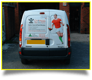 Sign on the back of a van for 'Oil4Wales'